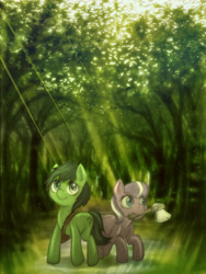 Size: 2400x3200 | Tagged: safe, artist:darkdoomer, diamond tiara, oc, oc:filly anon, axe, everfree forest, everfree outpost, female, filly, innawoods, nature, traditional art, weapon