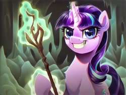 Size: 1024x768 | Tagged: safe, derpibooru exclusive, imported from derpibooru, starlight glimmer, pony, unicorn, ai content, ai generated, cave, evil grin, female, g4, generator:pony diffusion v6 xl, generator:purplesmart.ai, generator:stable diffusion, grin, looking at you, magic, mare, prompter:siber, s5 starlight, smiling, solo, staff