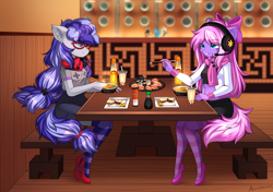 Size: 2903x2047 | Tagged: safe, artist:airiniblock, imported from derpibooru, oc, oc only, oc:cinnabyte, oc:lillybit, anthro, earth pony, anthro oc, bow, cinnabetes, clothes, cute, date, female, food, glasses, headphones, headset, lesbian, rcf community, restaurant, scarf, socks, sushi