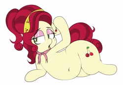 Size: 2822x1944 | Tagged: safe, artist:blitzyflair, imported from derpibooru, cherry jubilee, earth pony, pony, bedroom eyes, belly button, cherry, chubby, clothes, female, food, mare, open mouth, simple background, solo, wide hips