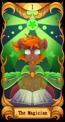 Size: 2500x4710 | Tagged: safe, artist:madelinne, imported from derpibooru, oc, oc only, unicorn, book, clothes, horn, light, magic book, runes, solo, stars, tarot, tarot card, tarot cards by madelinne, unicorn oc