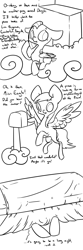 Size: 800x2404 | Tagged: safe, artist:celadonlonghorn, imported from derpibooru, derpy hooves, oc, oc:desert eagle, pony, ask desert eagle, bed, mailbox, monochrome