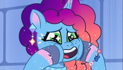 Size: 1270x720 | Tagged: safe, imported from derpibooru, screencap, pony, unicorn, spoiler:g5, spoiler:my little pony: tell your tale, spoiler:tyts01e68, bracelet, coat markings, crystal ball (episode), cute, ear piercing, earring, female, freckles, friendship bracelet, g5, jewelry, mare, misty brightdawn, mistybetes, my little pony: tell your tale, open mouth, open smile, piercing, rebirth misty, shine, smiling, socks (coat markings), solo, sparkly eyes, sparkly mane, squishy cheeks, wingding eyes