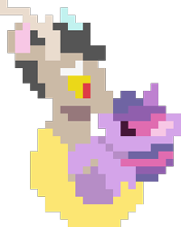 Size: 240x300 | Tagged: safe, editor:kujivunia, imported from derpibooru, discord, twilight sparkle, draconequus, pegasus, unicorn, cute, discute, embrace, female, g4, hug, kiss, kissing, male, nose kiss, pixel art, ship:discolight, shipping, simple background, straight, transparent background, unicorn twilight