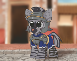 Size: 3481x2800 | Tagged: safe, artist:dorkmark, imported from derpibooru, oc, zebra, :p, armor, chibi, quadrupedal, solo, tongue out