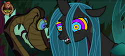 Size: 1280x580 | Tagged: safe, artist:marybethemberjoy49-1, edit, edited screencap, imported from derpibooru, screencap, queen chrysalis, changeling, changeling queen, snake, the mean 6, duo, female, g4, hypno eyes, hypnosis, hypnotized, kaa, kaa eyes, male