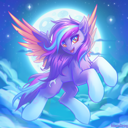 Size: 2000x2000 | Tagged: safe, artist:adagiostring, imported from derpibooru, oc, oc only, fly, insect, pegasus, cloud, cloudy, coat markings, colored wings, commission, concave belly, cute, digital art, female, flying, freckles, full body, full moon, gradient wings, leg fluff, looking at you, mare, moon, night, pegasus oc, sky, socks (coat markings), solo, spread wings, stars, wings