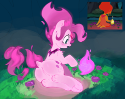 Size: 2262x1804 | Tagged: safe, artist:maremagnet, imported from derpibooru, pinkie pie, pony, adventure time, butt, dock, fire, flame princess, flower, g4, plot, ponified, solo, tail