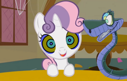 Size: 1280x819 | Tagged: safe, artist:marybethemberjoy49-1, edit, edited screencap, imported from derpibooru, screencap, sweetie belle, pony, snake, unicorn, call of the cutie, duo, female, filly, foal, g4, hypno eyes, hypnosis, hypnotized, kaa, kaa eyes, male, open mouth, open smile, smiling