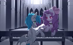 Size: 4000x2500 | Tagged: safe, artist:avroras_world, imported from derpibooru, oc, oc only, bat pony, pony, unicorn, bowtie, choker, female, mare, musical instrument, piano