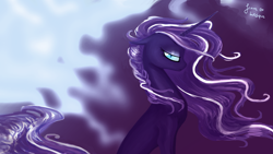 Size: 1920x1080 | Tagged: safe, artist:lesque, imported from derpibooru, nightmare rarity, pony, unicorn, blue eyes, concave belly, curly hair, curly mane, depressed, digital art, ethereal mane, ethereal tail, eyeshadow, female, flowing mane, flowing tail, g4, gift art, horn, lonely, long horn, long mane, long tail, looking at you, makeup, mare, purple mane, purple tail, sad, signature, sitting, slim, solo, tail, thin, windswept mane, windswept tail