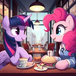 Size: 1024x1024 | Tagged: safe, imported from derpibooru, pinkie pie, twilight sparkle, alicorn, earth pony, pony, ai content, ai generated, cafe, clothes, duo, female, food, g4, generator:bing image creator, looking at each other, looking at someone, mare, sandwich, smiling