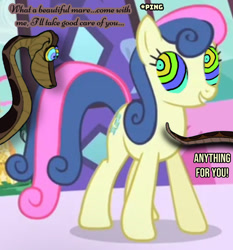 Size: 1106x1188 | Tagged: safe, artist:stopthedab10, edit, edited screencap, imported from derpibooru, screencap, bon bon, sweetie drops, earth pony, pony, snake, green isn't your color, carousel boutique, duo, female, g4, grin, hypno eyes, hypnosis, hypnotized, kaa, kaa eyes, male, mare, smiling, story included