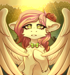 Size: 1150x1235 | Tagged: safe, artist:faract, imported from derpibooru, oc, oc only, oc:ellie berryheart, pegasus, pony, black eyeshadow, bowtie, ear fluff, evening, eyeshadow, female, flower, flower in hair, fluffy, forest, g4, green eyes, lightning, long eyelashes, looking at you, makeup, nature, solo, sun, tree, wings