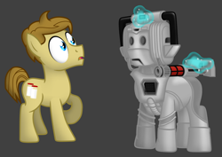 Size: 2869x2035 | Tagged: safe, artist:tidmouthmilk12, imported from derpibooru, oc, oc:tidmouth milk, cyberman, earth pony, pony, blaster, doctor who, laser rifle, magic, ponified, shocked, simple background, telekinesis, wip