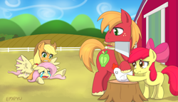 Size: 1200x686 | Tagged: safe, artist:empyu, imported from derpibooru, apple bloom, applejack, big macintosh, fluttershy, bird, chicken, earth pony, pegasus, pony, :t, abuse, apple bloom's bow, applejack's hat, bow, cleaver, cowboy hat, crying, flutterbuse, g4, gritted teeth, hair bow, hat, holiday, implied ponies eating meat, mouth hold, pinned, remake, spread wings, teeth, thanksgiving, wings