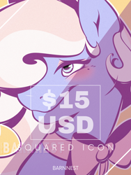 Size: 1728x2304 | Tagged: safe, artist:barnnest, imported from derpibooru, oc, advertisement, blushing, bust, commission, commission info, eyelashes, headshot commission, icon, peach mane, portrait, purple coat, ribbon, solo