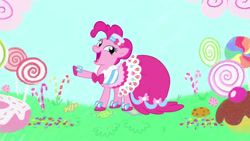 Size: 1280x720 | Tagged: safe, artist:gracelamson2008, imported from derpibooru, pinkie pie, earth pony, pony, clothes, dress, g4, gala dress, simple background, solo, ta-da!, transparent background
