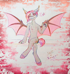 Size: 2040x2160 | Tagged: safe, artist:jehr, imported from derpibooru, oc, oc only, oc:sofy, anthro, bat pony, cat, cat pony, hybrid, original species, pegasus, pony, unguligrade anthro, anthro oc, bat ears, bat eyes, bat pony oc, bat wings, chilli, claws, food, hand, looking at you, one eye closed, paws, sitting, smiling, smiling at you, solo, spread wings, trade, traditional art, wings, wink, winking at you