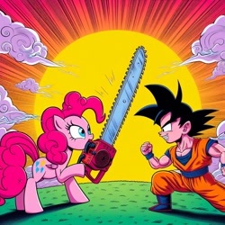 Size: 1024x1024 | Tagged: safe, imported from derpibooru, pinkie pie, earth pony, human, pony, ai content, ai generated, chainsaw, dragon ball, female, g4, male, prompter:meshari7, son goku