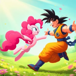 Size: 1024x1024 | Tagged: safe, imported from derpibooru, pinkie pie, earth pony, human, pony, ai content, ai generated, dragon ball, dragon ball z, female, g4, hug, male, prompter:meshari7, son goku