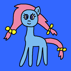 Size: 725x729 | Tagged: safe, artist:the-rainbow-nigga420, imported from derpibooru, earth pony, pony, 1000 hours in ms paint, blue background, bow, bow tie (g1), cute, female, g1, g1 to g4, g4, generation leap, hair bow, mare, ms paint, paint.net, simple background, smiling, solo, tail, tail bow, tieabetes