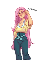 Size: 2488x3533 | Tagged: safe, artist:ohmisweetgoodness, imported from derpibooru, fluttershy, human, bra, clothes, female, g4, humanized, pants, shirt, simple background, solo, underwear, white background