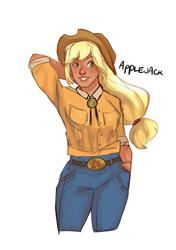 Size: 2488x3533 | Tagged: safe, artist:ohmisweetgoodness, imported from derpibooru, applejack, human, applejack's hat, belt, clothes, cowboy hat, denim, female, freckles, g4, grin, hat, humanized, jeans, pants, shirt, simple background, smiling, solo, white background