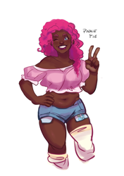 Size: 2488x3533 | Tagged: safe, artist:ohmisweetgoodness, imported from derpibooru, pinkie pie, human, alternate hairstyle, belly button, chubby, clothes, dark skin, female, g4, grin, humanized, midriff, one eye closed, peace sign, short shirt, shorts, simple background, smiling, socks, solo, stockings, thigh highs, white background, wink