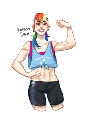 Size: 2488x3533 | Tagged: safe, artist:ohmisweetgoodness, imported from derpibooru, rainbow dash, human, abs, alternate hairstyle, asian, belly button, belly piercing, bellyring, clothes, ear piercing, earring, female, flexing, g4, grin, humanized, jewelry, lip piercing, midriff, muscles, nose piercing, piercing, shorts, simple background, smiling, solo, sports bra, sports shorts, tanktop, white background