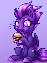 Size: 2250x3000 | Tagged: safe, artist:shad0w-galaxy, imported from derpibooru, oc, oc only, oc:shadow galaxy, pegasus, pony, belly button, burger, cheeseburger, chibi, cute, ear fluff, eating, fangs, female, fluffy, food, hamburger, heart, heart eyes, high res, hooves, mare, meat, open mouth, pegasus oc, ponies eating meat, simple background, sitting, solo, wingding eyes, wings