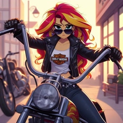 Size: 1024x1024 | Tagged: safe, imported from derpibooru, sunset shimmer, equestria girls, ai content, ai generated, biker, clothes, female, g4, generator:bing image creator, gloves, jacket, leather, leather gloves, leather jacket, looking at you, motorcycle, solo, solo female, solo focus, sunglasses