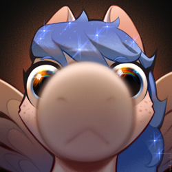 Size: 3150x3150 | Tagged: safe, artist:rrd-artist, imported from derpibooru, oc, oc only, oc:starlit beacon, pegasus, pony, :<, :c, bust, close-up, cute, ethereal mane, female, fisheye lens, freckles, frown, looking at you, mare, meme, muzzle, silly, snoot, solo, staring into your soul, starry mane, wat, wings, you got games on your phone