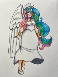 Size: 3024x4032 | Tagged: safe, artist:mylittleyuri, imported from derpibooru, princess celestia, human, blushing, breasts, busty princess celestia, clothes, colored pencil drawing, dress, elf ears, eye clipping through hair, eyebrows, eyebrows visible through hair, female, g4, high res, horn, horned humanization, humanized, light skin, shoes, simple background, smiling, solo, traditional art, white background, winged humanization, wings