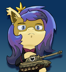 Size: 2615x2857 | Tagged: safe, artist:mikeylokey, imported from derpibooru, tank, oc, oc:skyé, bat pony, pony, equestria at war mod, aquileia, black hair, black heart, black tunic, blue eyes, clothes, crown, ear piercing, emo, french, gradient background, heart, holding, jewelry, kingdom of aquileia, kuromorimine, looking at you, military uniform, piercing, pridea (eaw), purple hair, red shirt, regalia, tiger (tank), uniform