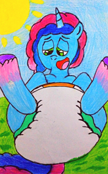 Size: 1966x3156 | Tagged: safe, artist:bitter sweetness, imported from derpibooru, pony, unicorn, abdl, adult foal, blue sky, diaper, diaper fetish, fetish, g5, grass, high res, misty brightdawn, my little pony: a new generation, my little pony: make your mark, my little pony: tell your tale, non-baby in diaper, poofy diaper, traditional art