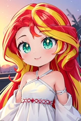 Size: 1024x1536 | Tagged: safe, editor:sammykun, imported from derpibooru, sunset shimmer, human, ai content, ai generated, anime style, bare shoulders, chibi, child, clothes, cute, dress, female, g4, humanized, prompter:sammykun, shimmerbetes, sleeveless, sleeveless dress, solo, white dress, young, younger, younger female