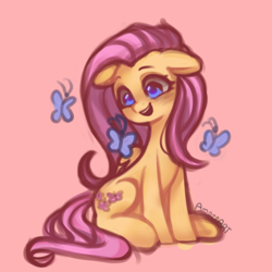 Size: 2000x2000 | Tagged: safe, artist:amaeeart, imported from derpibooru, fluttershy, butterfly, pegasus, cute, female, g4, pink background, simple background, solo, solo female