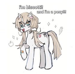 Size: 1273x1263 | Tagged: artist needed, safe, imported from derpibooru, pony, apple, biscotti (v4mirai), carrot, dialogue, female, food, mare, ponified, vtuber