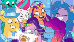 Size: 3072x1727 | Tagged: safe, imported from derpibooru, screencap, hitch trailblazer, izzy moonbow, pipp petals, sunny starscout, zipp storm, dragon, earth pony, pegasus, pony, unicorn, spoiler:g5, spoiler:my little pony: tell your tale, spoiler:tyts01e68, applejack (g5), baby, baby dragon, cellphone, clothes, crystal ball (episode), cute, dress, eyes closed, female, fluttershy (g5), g5, grin, izzybetes, male, mane five, mane six (g5), mare, misty brightdawn, mistybetes, my little pony: tell your tale, one eye closed, open mouth, open smile, papa hitch, phone, pinkie pie (g5), rainbow dash (g5), rarity (g5), rebirth misty, royal sisters (g5), selfie, siblings, sisters, smartphone, smiling, sparky sparkeroni, stallion, twilight sparkle (g5), wink