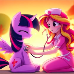 Size: 1024x1024 | Tagged: safe, imported from derpibooru, sunset shimmer, twilight sparkle, alicorn, pony, equestria girls, ai content, ai generated, nurse, stethoscope, twilight sparkle (alicorn)