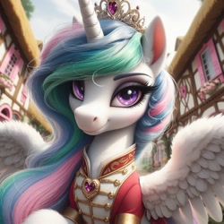 Size: 1024x1024 | Tagged: safe, imported from ponybooru, princess celestia, alicorn, pony, ai content, ai generated, alternate accessories, bing, clothes, female, jewelry, leg fluff, lidded eyes, looking at you, mare, ponyville, solo, uniform, wing fluff