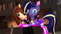 Size: 1920x1080 | Tagged: safe, artist:krasny noctali, oc, oc:chloe adore, oc:woona sparkle, pony, 3d, clothes, duo, duo female, female, latex, latex socks, latex suit, mare, socks