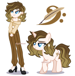 Size: 2290x2310 | Tagged: safe, artist:skyfallfrost, imported from derpibooru, oc, oc only, oc:feather melody, human, pony, unicorn, equestria girls, blue eyes, clothes, cutie mark tattoo, ear piercing, earring, feather, female, high heels, jewelry, mare, midriff, pants, piercing, shoes, simple background, smiling, solo, tattoo, transparent background