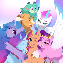 Size: 2308x2307 | Tagged: safe, artist:aztrial, imported from derpibooru, hitch trailblazer, izzy moonbow, pipp petals, sunny starscout, zipp storm, dragon, earth pony, pegasus, pony, unicorn, adorapipp, adorazipp, applejack (g5), baby, baby dragon, cornrows, cute, female, fluttershy (g5), g5, group, group hug, happy, hug, large wings, male, mane five, mane six (g5), misty brightdawn, pinkie pie (g5), rainbow dash (g5), rarity (g5), royal sisters (g5), siblings, sisters, smiling, sparky sparkeroni, stallion, tongue out, twilight sparkle (g5), wings