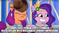 Size: 897x500 | Tagged: safe, edit, edited screencap, imported from derpibooru, screencap, pipp petals, sunny starscout, earth pony, pegasus, pony, spoiler:g5, spoiler:my little pony: tell your tale, spoiler:tyts01e68, chinese cowboy impression, cowboy hat, crystal ball (episode), g5, hat, luigi's chinese cowboy impression, meme, my little pony: tell your tale, super mario bros., super mario bros. super show