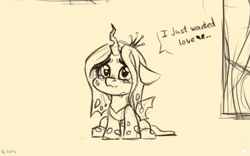 Size: 1801x1125 | Tagged: safe, artist:dorkmark, imported from derpibooru, queen chrysalis, alicorn, changedling, changeling, pony, chibi, crying, cute, cutealis, g4, looking at you, sad, sadorable, sketch, solo, teary eyes, wavy mouth