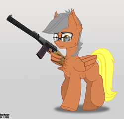 Size: 2900x2800 | Tagged: safe, artist:just rusya, derpibooru exclusive, imported from derpibooru, oc, oc only, pegasus, chest fluff, glasses, gradient background, gun, raised hoof, smiling, solo, underhoof, weapon, wing hands, wings