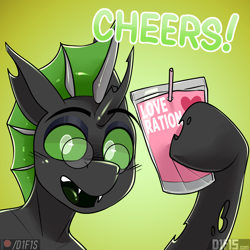 Size: 2160x2160 | Tagged: safe, artist:difis, imported from derpibooru, oc, oc only, changeling, bust, cute, drink, glasses, gradient background, green changeling, happy, juice, love, portrait, solo, text