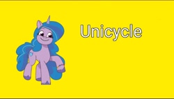 Size: 1080x612 | Tagged: safe, imported from ponybooru, screencap, izzy moonbow, pony, unicorn, spoiler:everypony at the blanket, pun, solo, title card